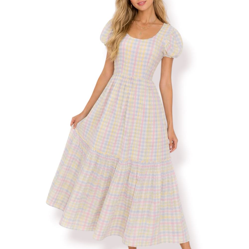 Vintage 70s Pastel Gingham Smocked Maxi Dress‎ Puff Sleeve Cottagecore Romantic